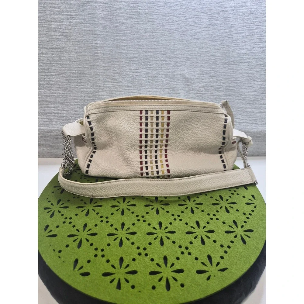 Brighton Barrel Shoulder Bag Womens White Pebble Leather Chain Strap Accents